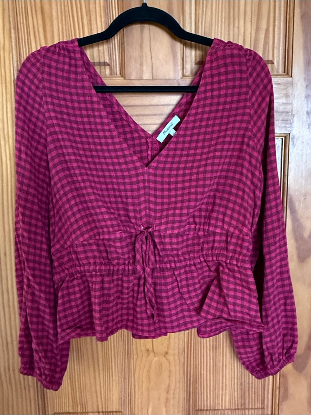 Madewell Red Plaid Drawstring Peplum V-Neck Blouse, Size Large
